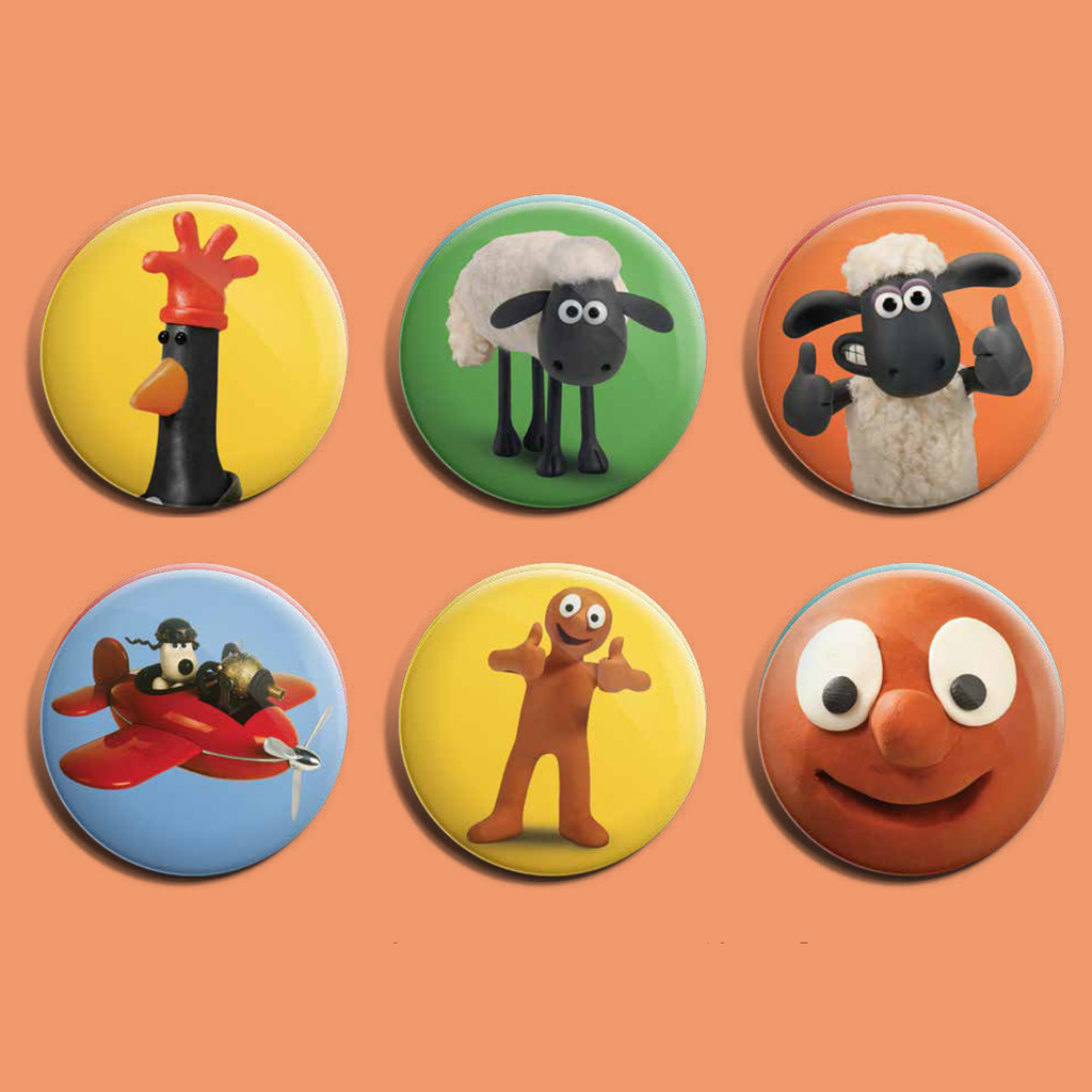 A collection of Aardman characters on badges. 1. Feathers McGraw on a yellow background. 2. Shaun the Sheep on a green background. 3. Shaun the Sheep thumbs up on an orange background. 4 Gromit in a red plane on a blue background. 5. Morph thumbs up with a yellow background. 6. Morph's face close up. 