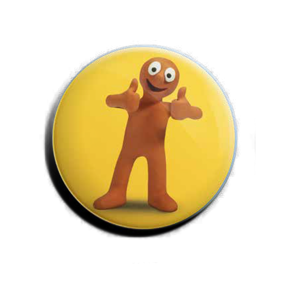 Yellow badge featuring Aardman's Morph with thumbs up. 