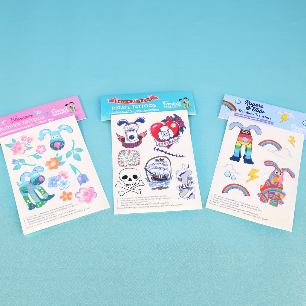Collection of Gromit Unleashed packs of temporary tattoos. 