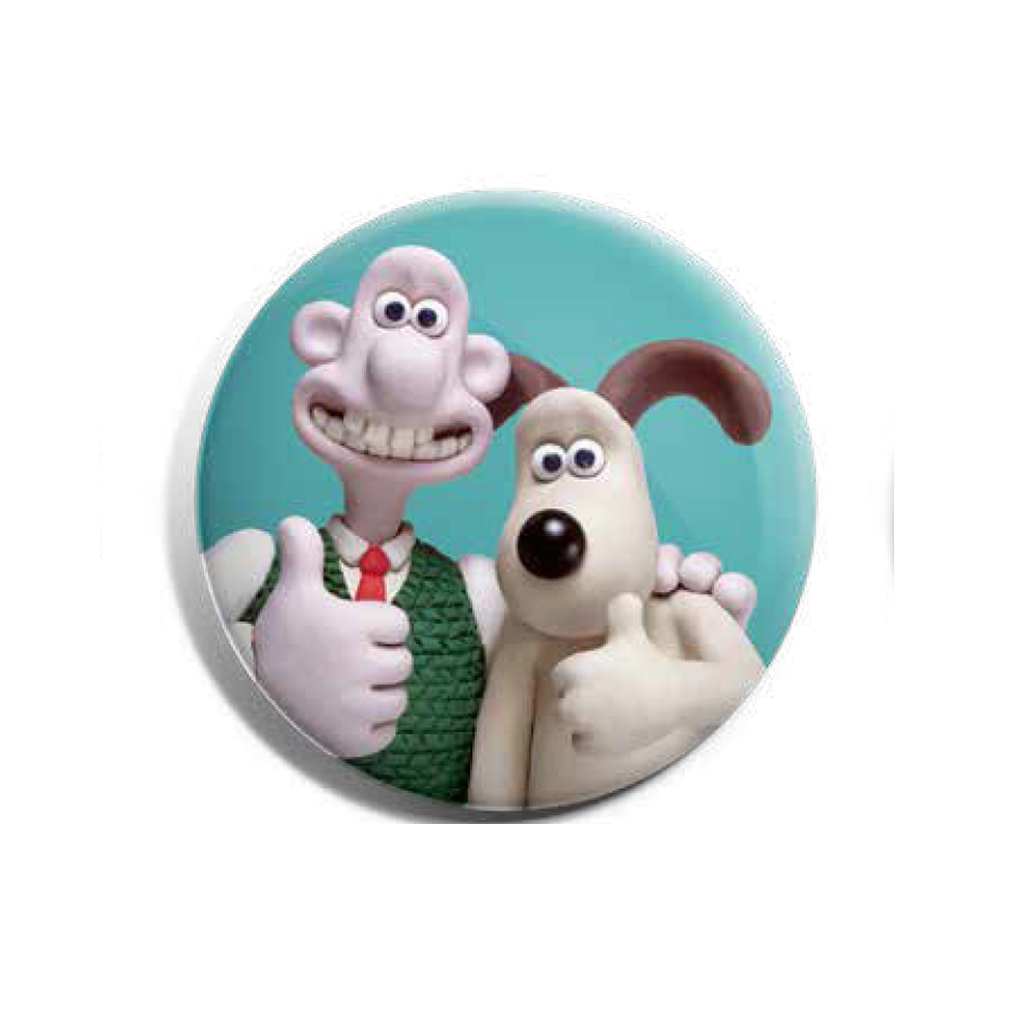 Blue badge featuring Aardman's Wallace & Gromit doing thumbs up. 