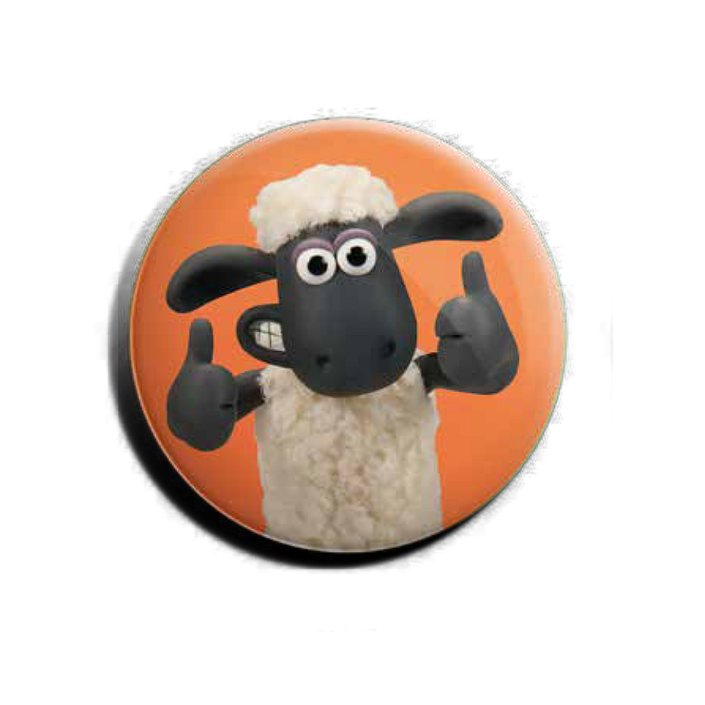 Orange badge featuring Aardman's Shaun the Sheep with thumbs up. 