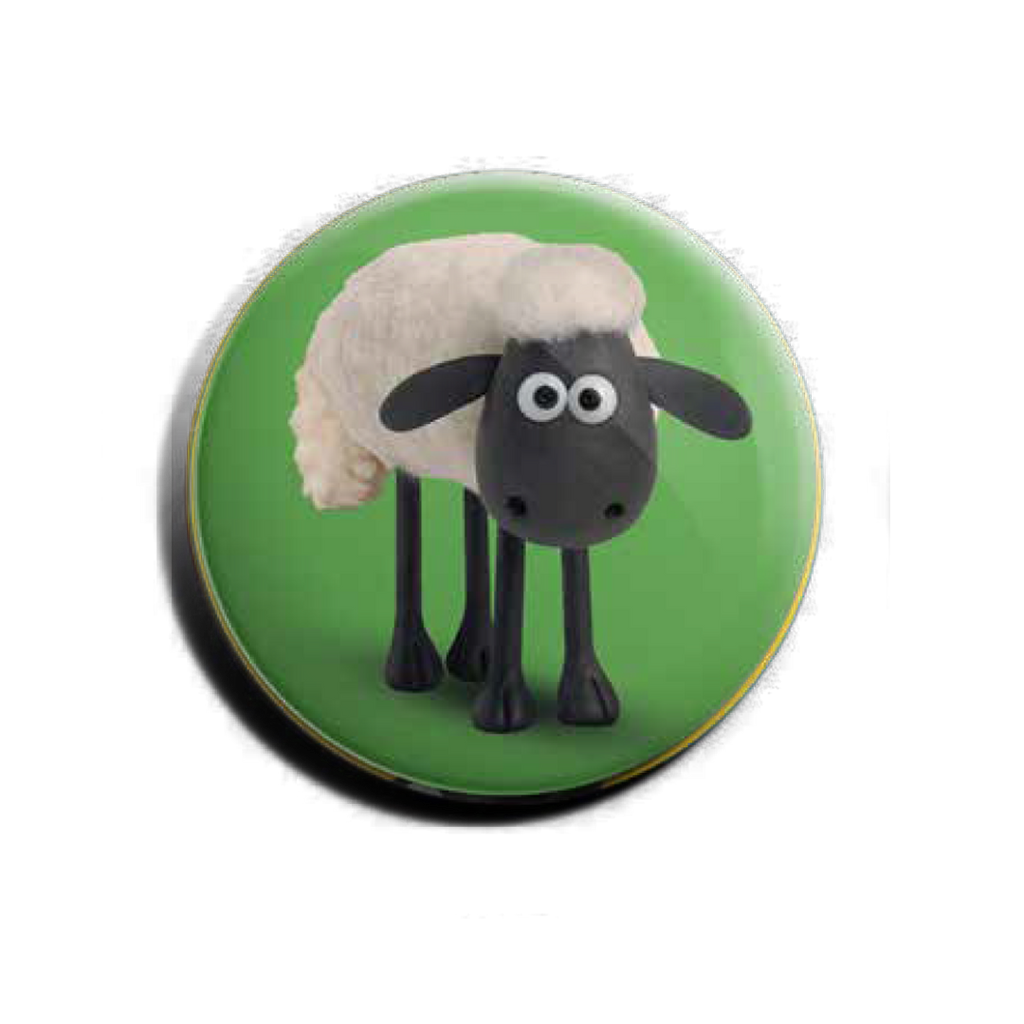Green badge featuring Aardman's Shaun the Sheep. 