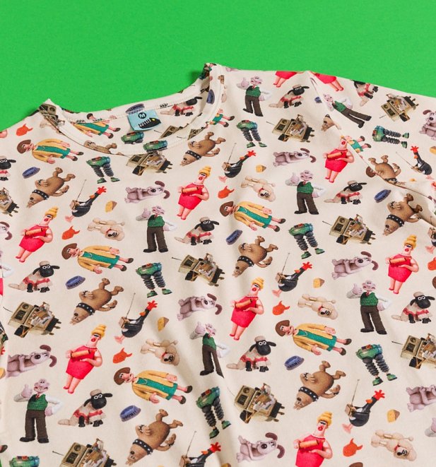 T-shirt covered in images of Aardman's most iconic Wallace & Gromit characters. 
