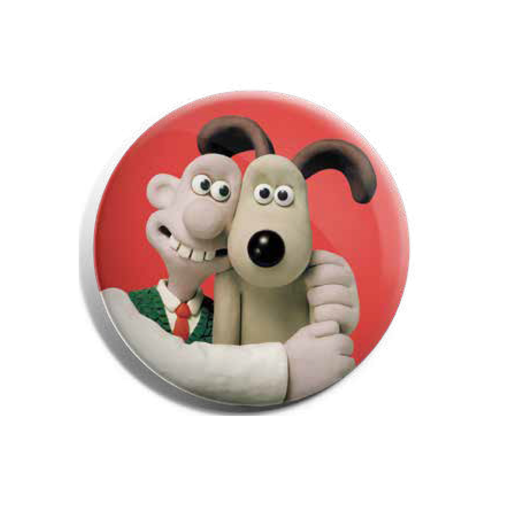 Red badge featuring Aardman's Wallace & Gromit hugging. 