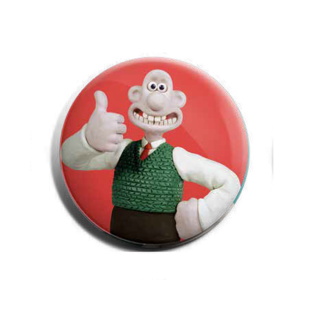 Red badge featuring Aardman's Wallace, smiling with a thumbs up. 