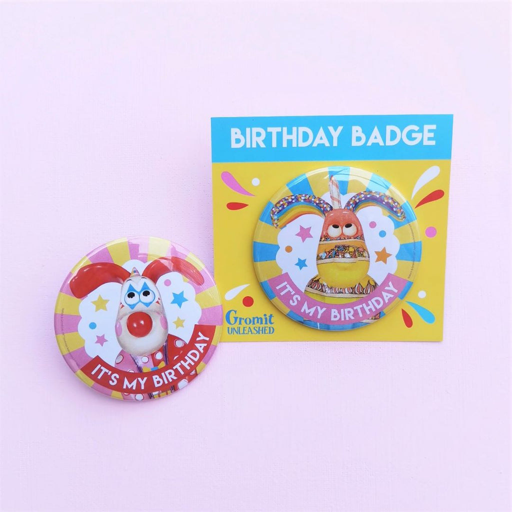 Birthday badge featuring Sprinkles and Giggles figurines from the Gromit Unleashed trail. 