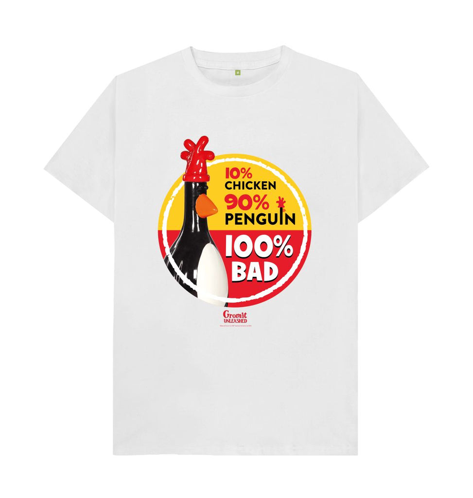 White 100% Bad Adult T-shirt. Black 100% Bad Adult T-shirt with classic Feathers McGraw figurine in a red and yellow circle. Labelled 10% chicken 90% chicken and 100% bad. 