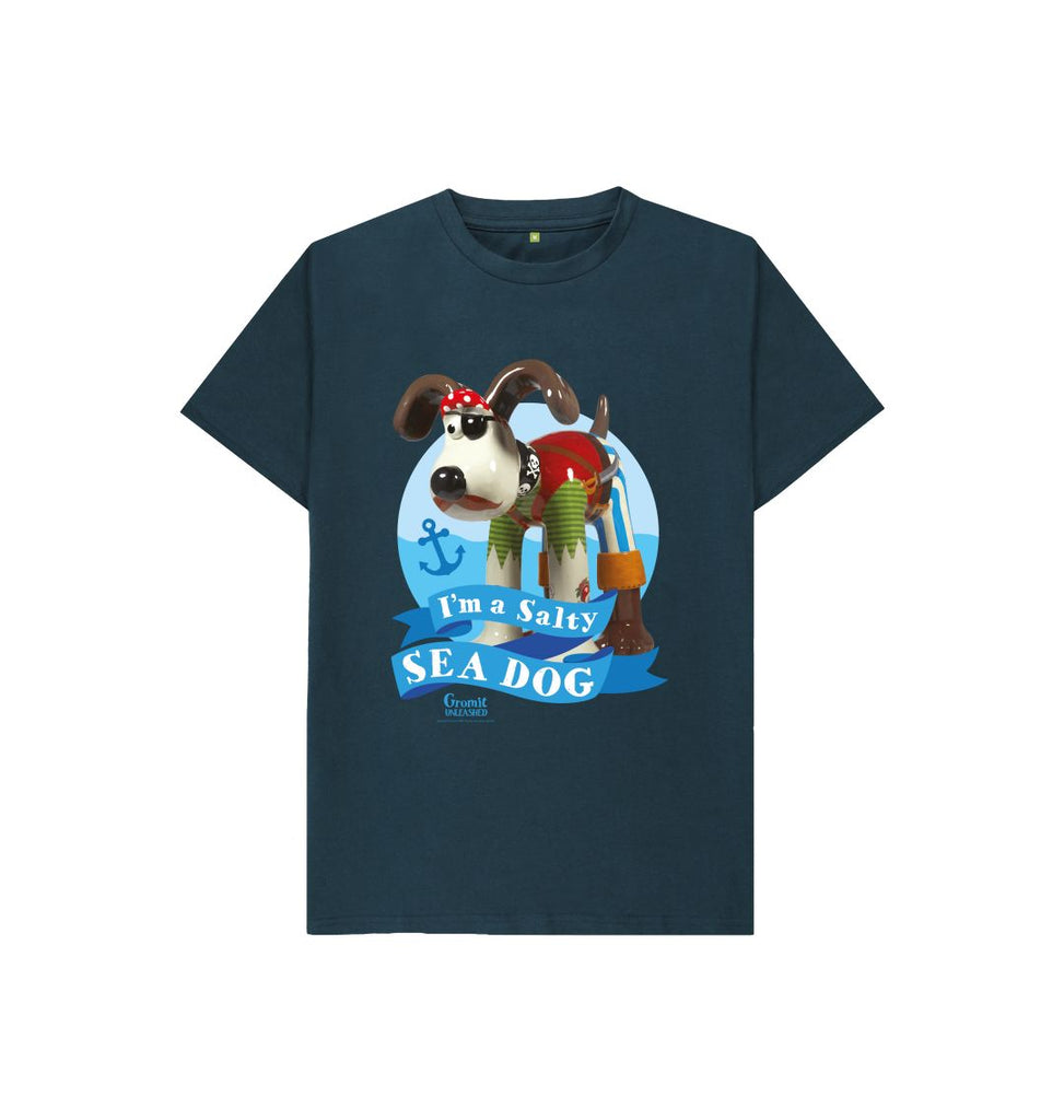 Denim Blue Salty Sea Dog Children's T-shirt. Featuring Gromit, from Wallace & Gromit, dressed as a pirate