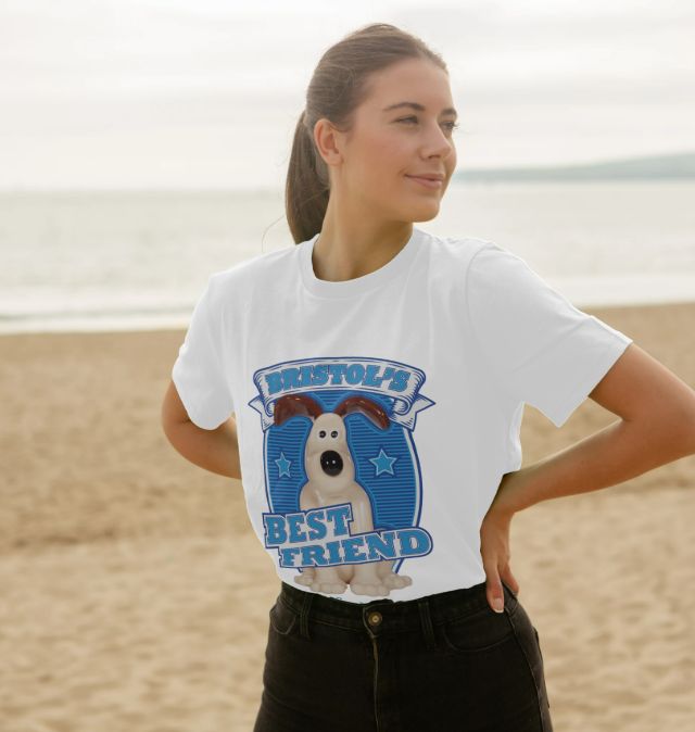 White Bristol's Best Friend t-shirt, modelled by woman on the beach. 
