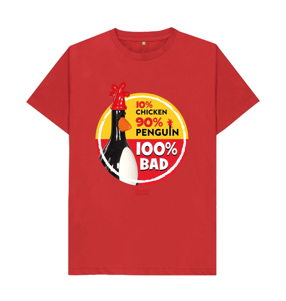Red 100% Bad Adult T-shirt. Black 100% Bad Adult T-shirt with classic Feathers McGraw figurine in a red and yellow circle. Labelled 10% chicken 90% chicken and 100% bad. 