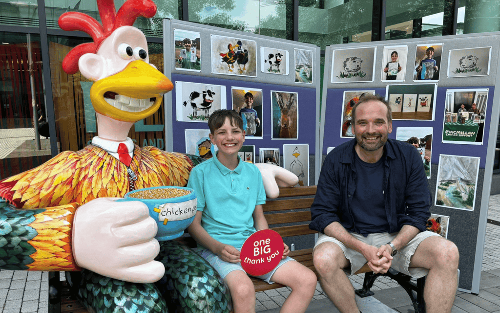 Fundraiser James with Ben Whitehead, the voice of Wallace and 'Rooster Booster'.