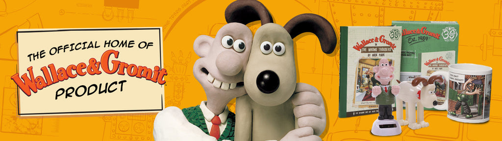 The official home of Wallace & Gromit product banner showing a range of gift product