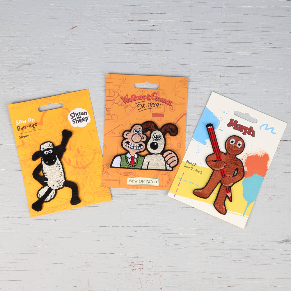 Shaun the Sheep Wallace & Gromit and Morph sew on patched on backing cards