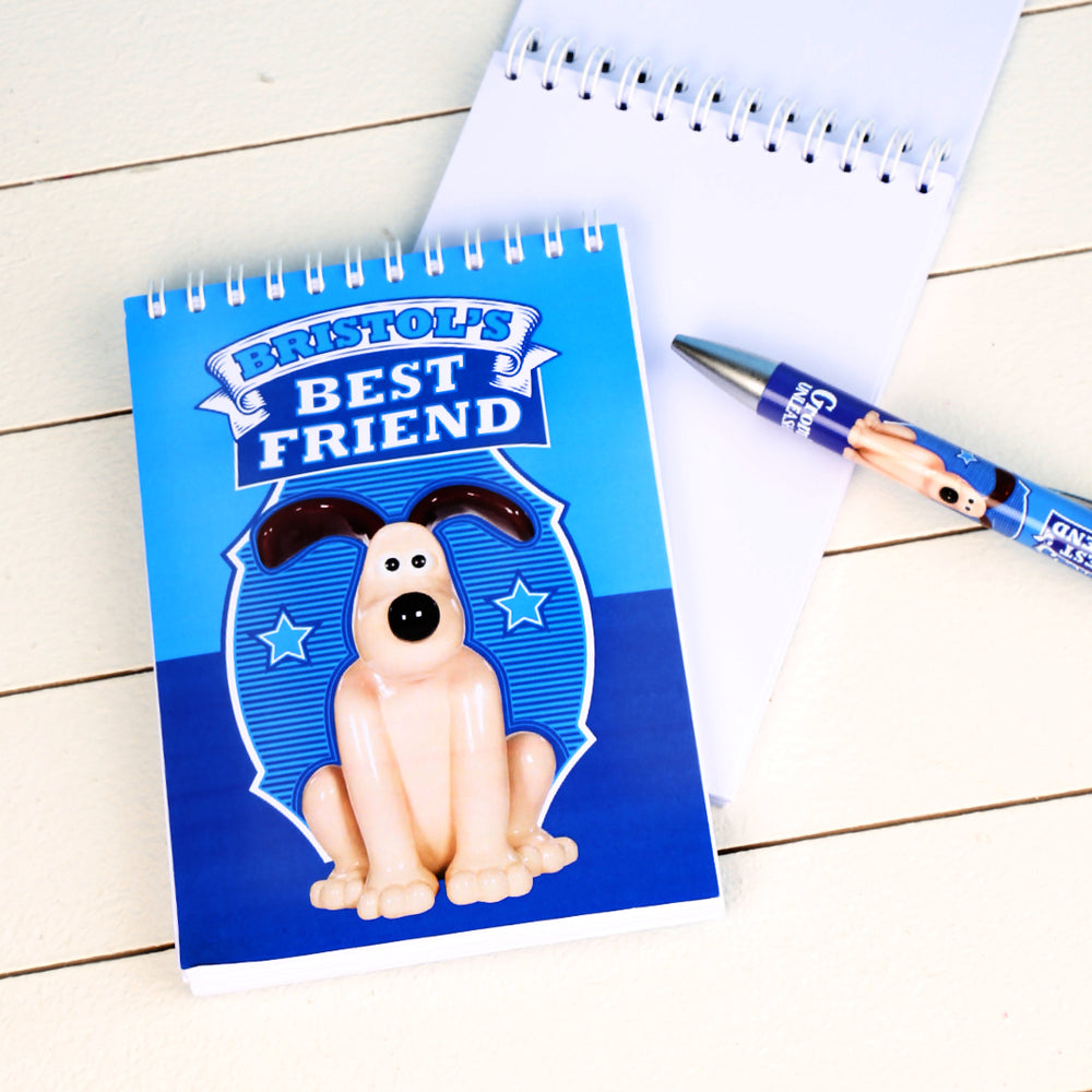Bristol's Best Friend A6 notebook. Blue background with classic gromit figurine in the foreground.