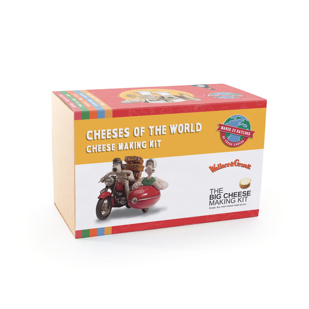 Box for 'Cheeses of the World' cheese making kit with Wallace and Gromit on a white background