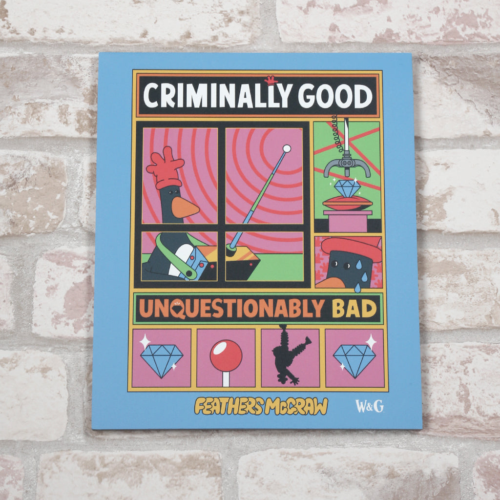 Feathers McGraw Criminally Good Wooden Plaque, featuring the great blue diamond heist from Wallace and Gromits The Wrng Trousers