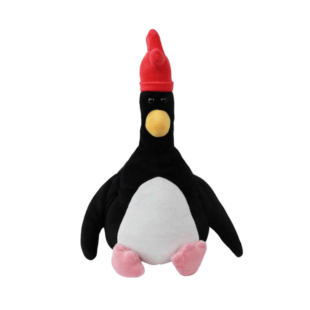 Plush Feathers McGraw toy penguin with a red hat on a white background