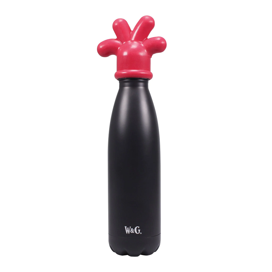 Feathers Mcgraw bottle, metal featuring red rubber glove topper, and Wallace & Gromit logo on the back 