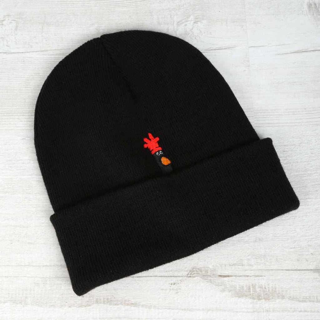 Feathers McGraw black beanie hat with a small embroidered Feathers behind the rim