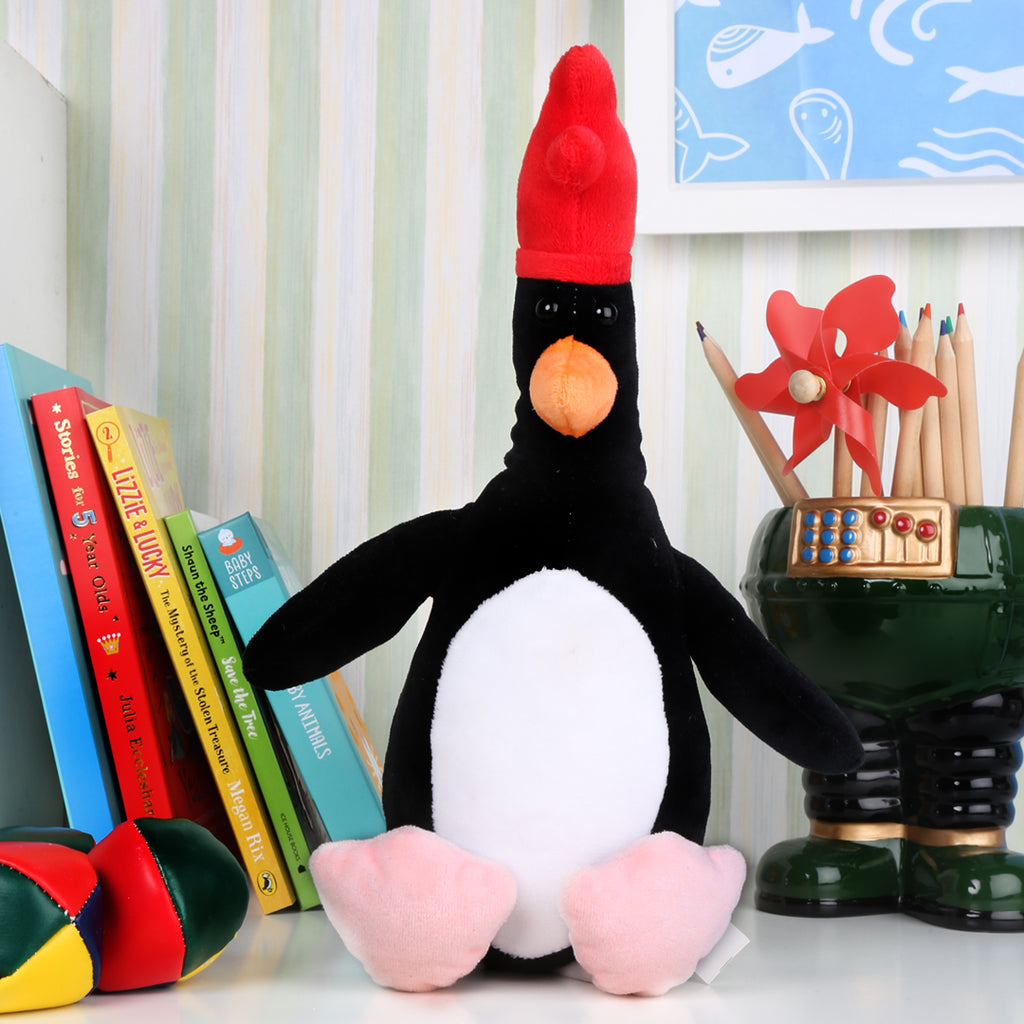 Feathers McGraw soft toy, the evil penguin from The Wrong Trousers, in bedroom amongst toys 