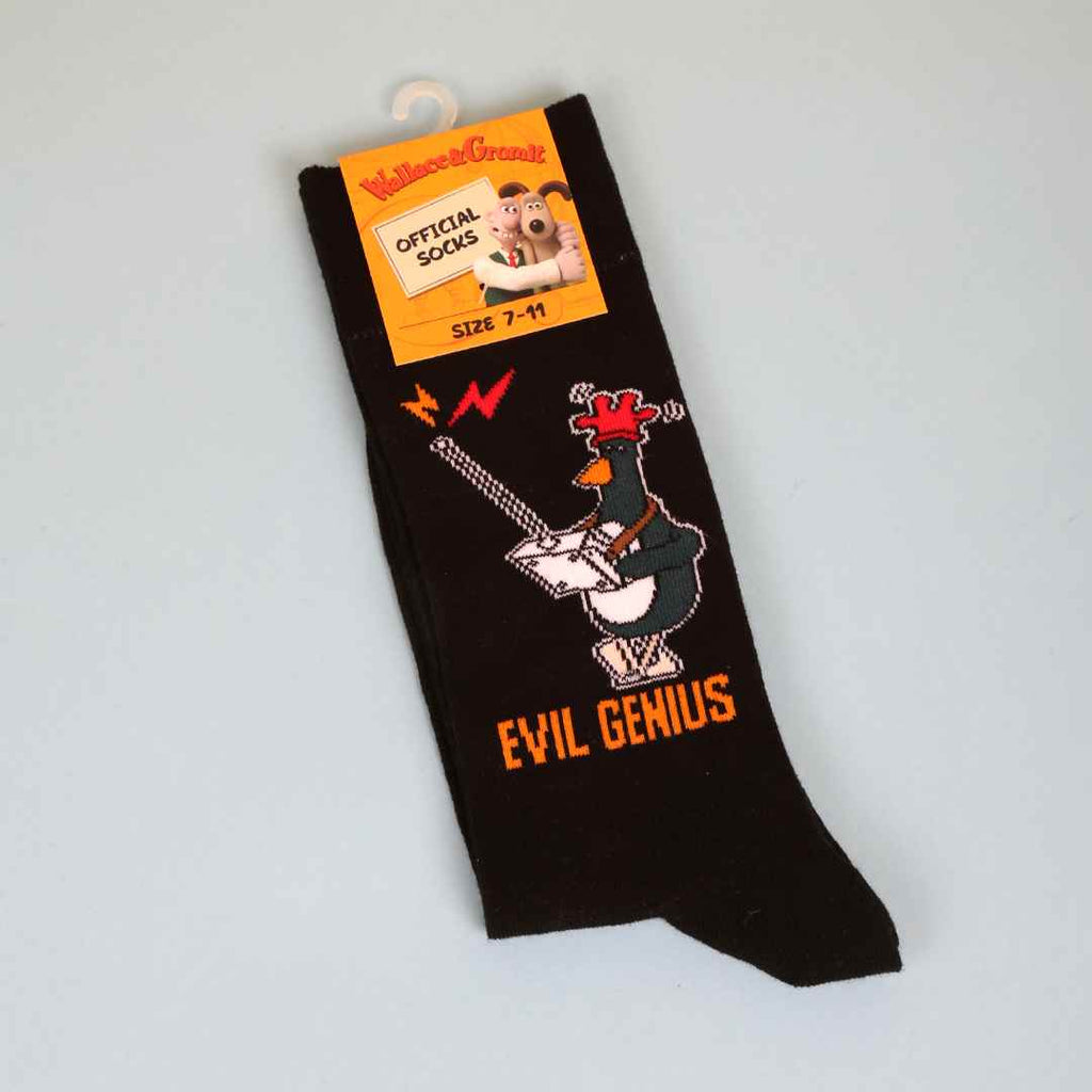 Black sock with cartoon character and 'Evil Genius' text on a white background