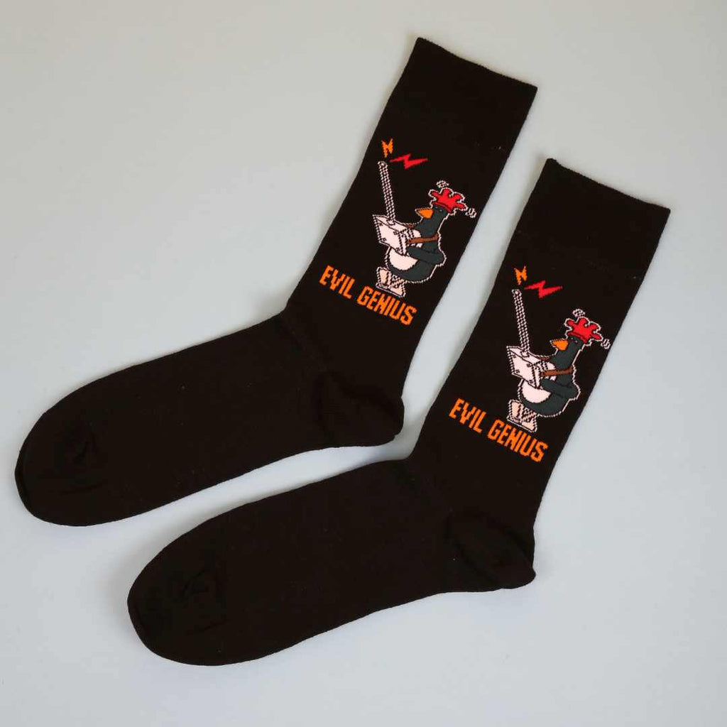 Black socks with 'Evil Genius' Feathers McGraw design on a white background