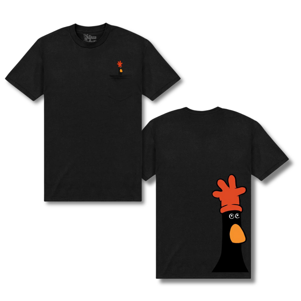 Black T-shirt featuring Feathers McGraw, the villainous penguin from Aardmans film 'Wallace & Gromit: The Wrong Trousers'. 