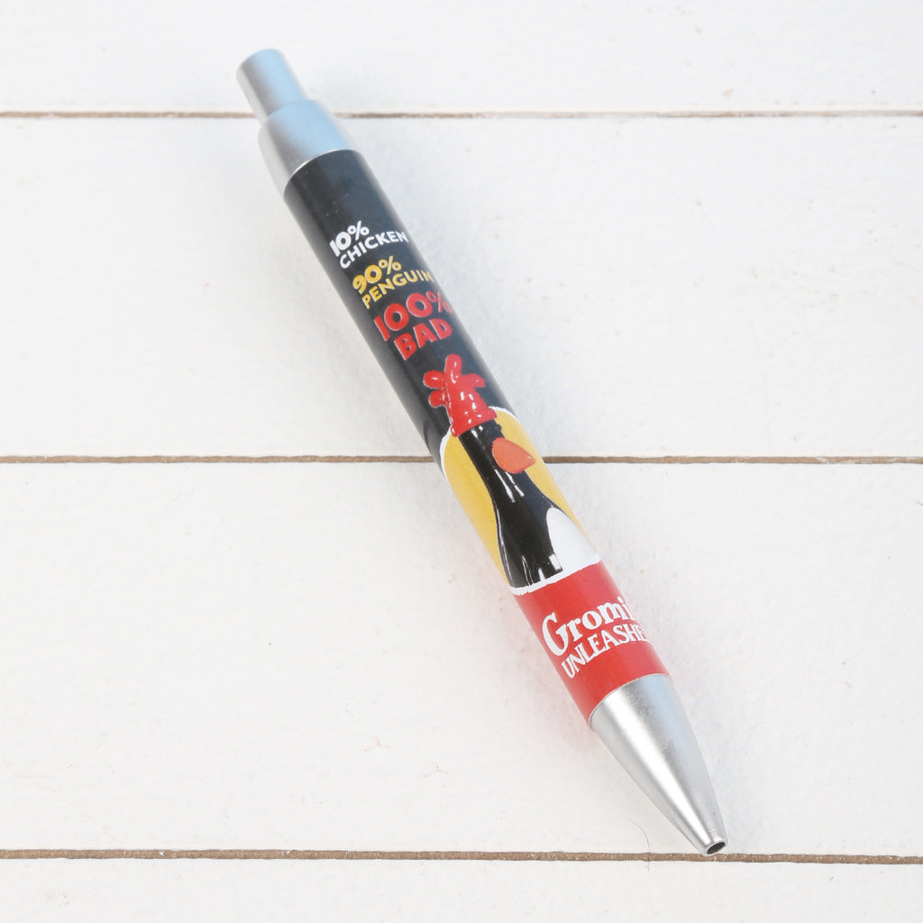 Blue ballpoint pen with Feathers McGraw figurine in the centre. Black, yellow and red with words '10% chicken' '90% penguin' and '100% bad' written across it
