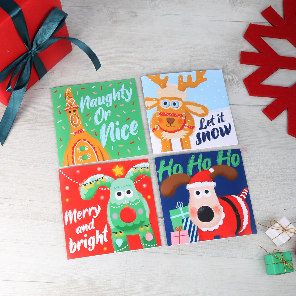 Gingerbird 'Naughty or nice', Fleece Navidad 'Let it snow', Noel 'Merry and bright' and Santa Paws 'Ho Ho Ho'. Gromit Unleashed Christmas cards packs of 8 featuring our favourite Christmas sculptures