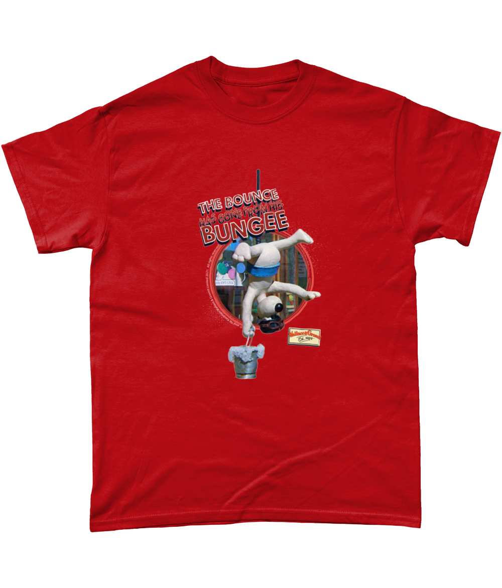 Wallace and Gromit Bungee Red T-shirt from A Close Shave. Text reads 'The bounce has gone from his bungee'. 