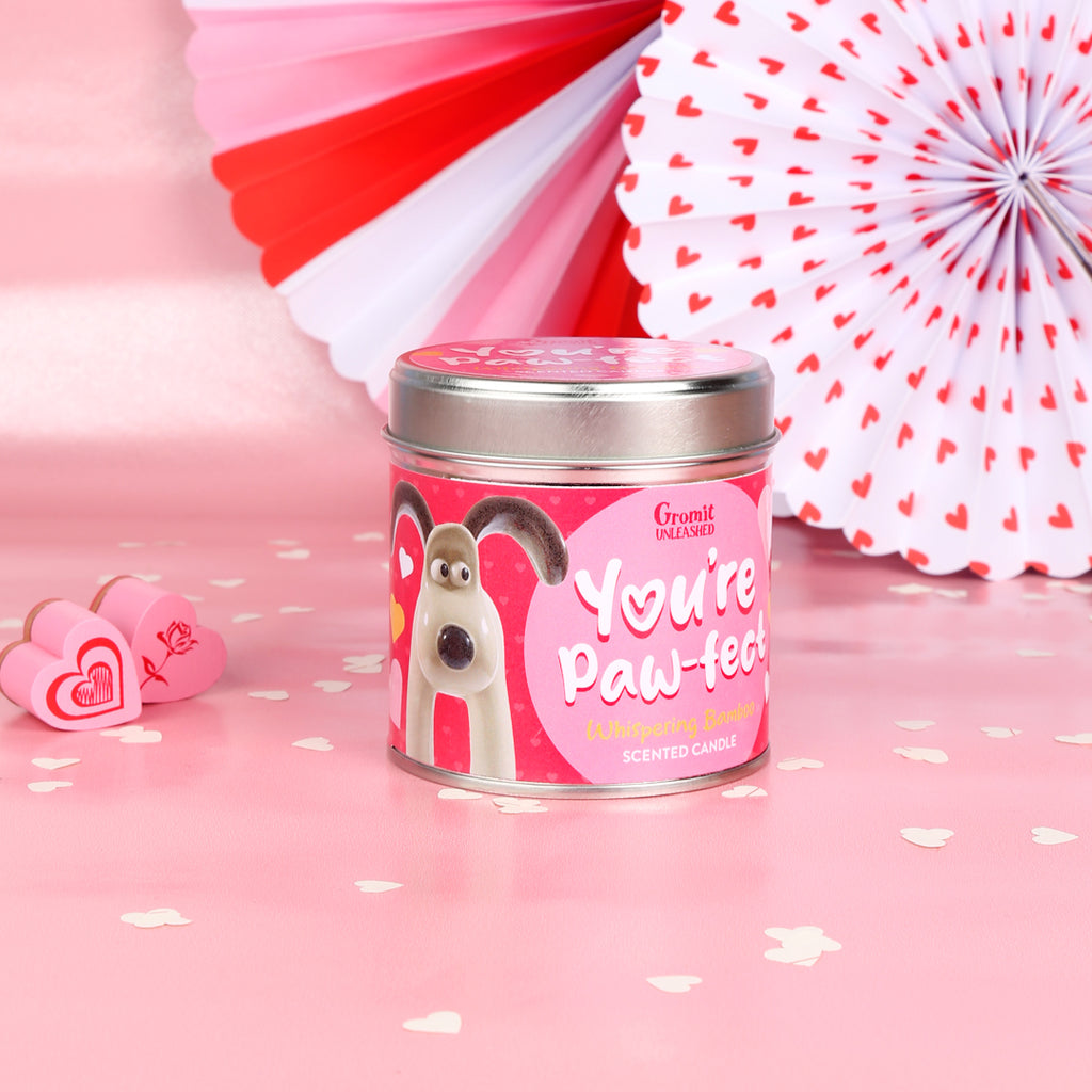 Gromit You're Paw-fect Scented Candle in tin, pink  love heart design with original Gromit featured 