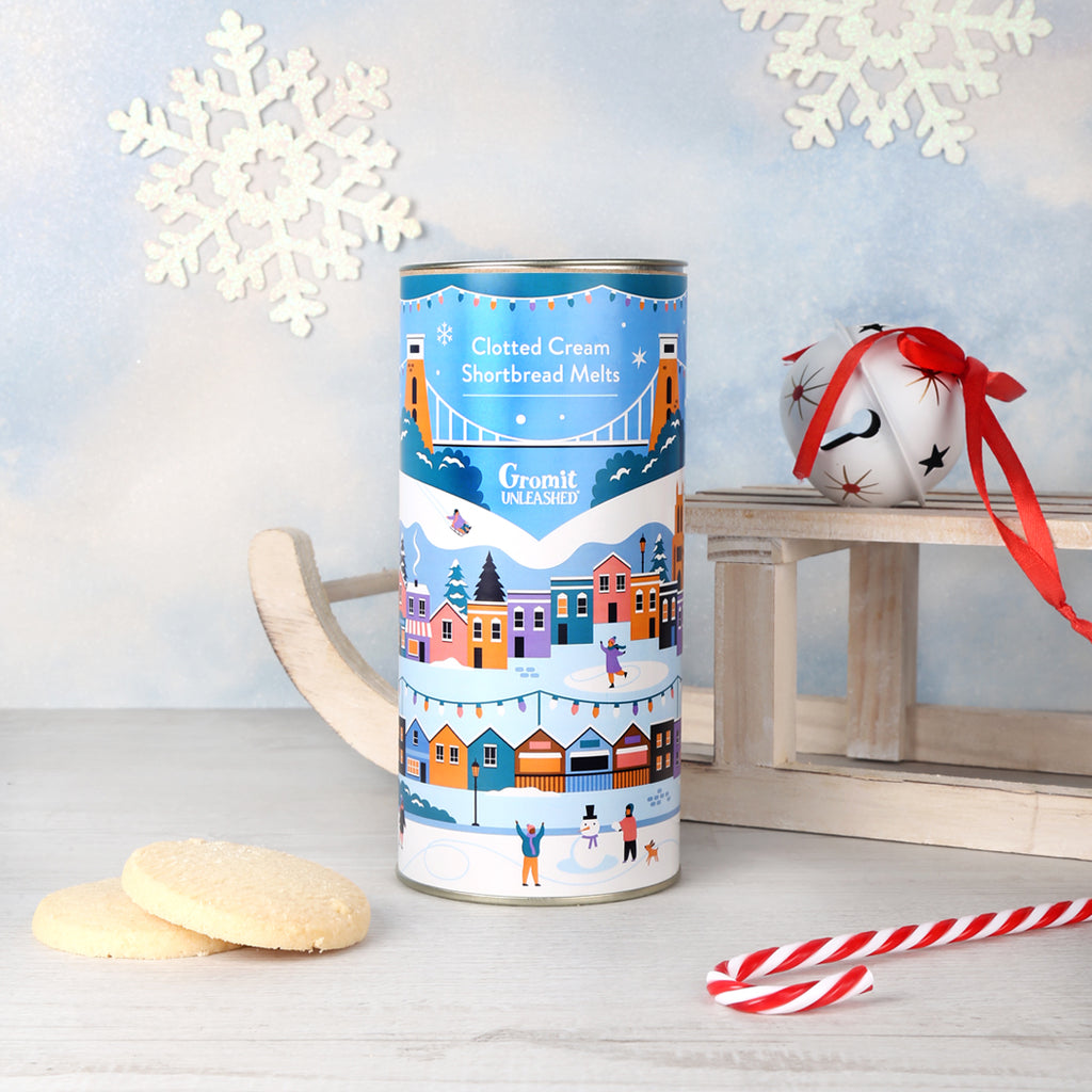 Clotted cream shortbread  in packaging featuring a Bristol winter Christmas design with Bristol landmarks in a snowy scene