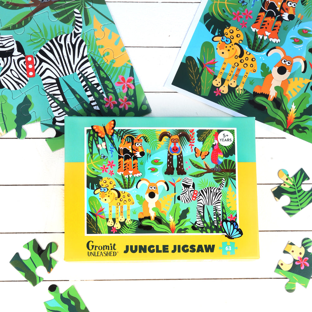 Gromit Unleashed Jungle Jigsaw. Box features jungle-themed Gromit sculptures. 