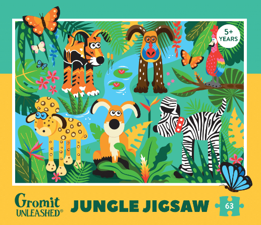 Gromit Unleashed Jungle Jigsaw. Box features jungle-themed Gromit sculptures. 