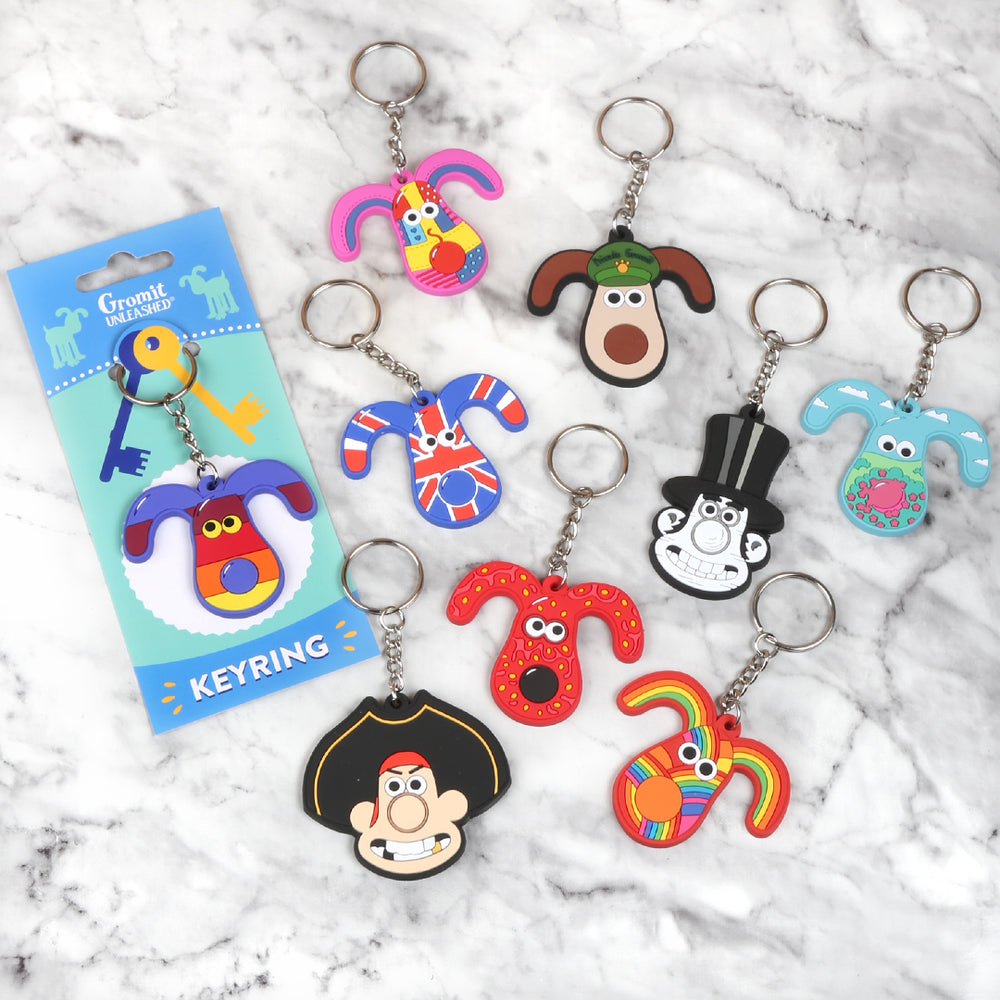 Gromit Unleashed rubber keyrings featuring popular sculptures Gromberry, Toto, Roger, Blossom, Jack, Long John Wallace, Wallambard and Bristol's Own 