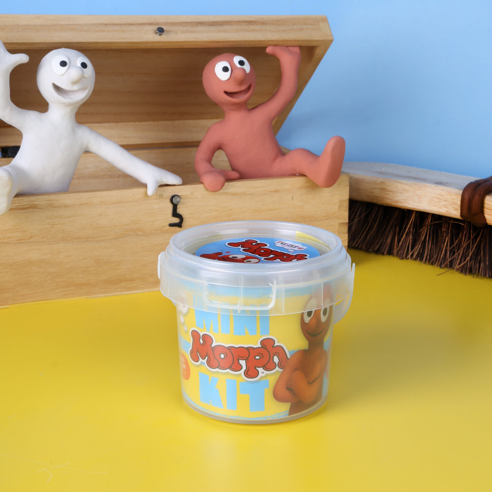 Morph plasticine tub featuring Aardmans Morph & Chas in the background