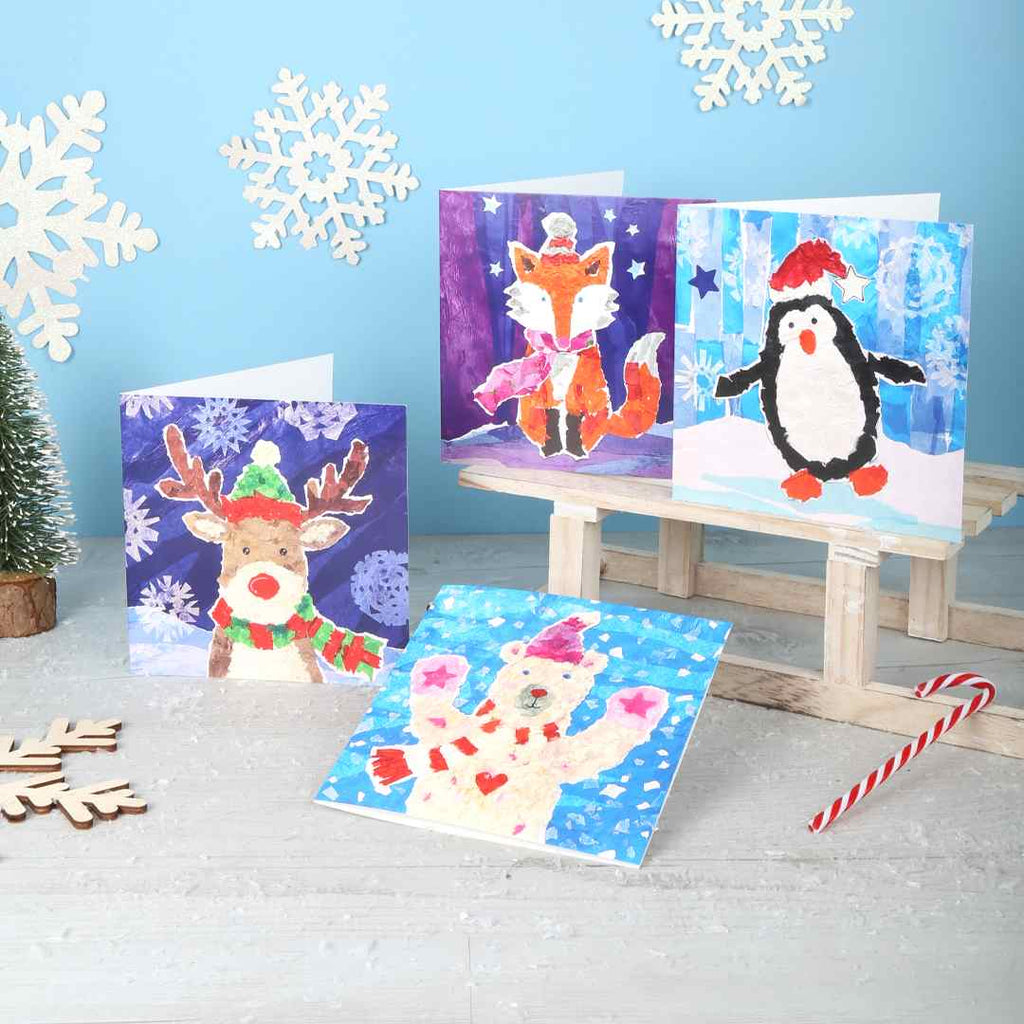 Four brightly coloured Christmas cards featuring festive animals on a light Christmas background with snowflakes and a candy cane. 