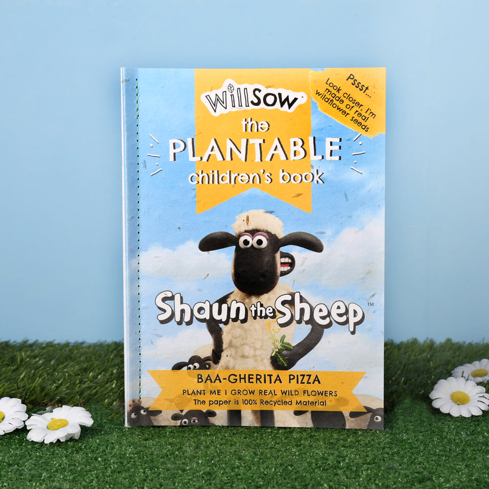 Shaun the Sheep Plantable story book. The cover includes wildflower seeds to plant in the garden. 