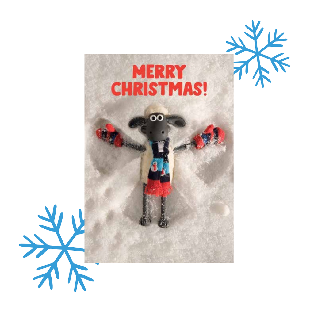 Christmas card with Shaun the Sheep wearing a scarf and gloves, and 'Merry Christmas!' text.