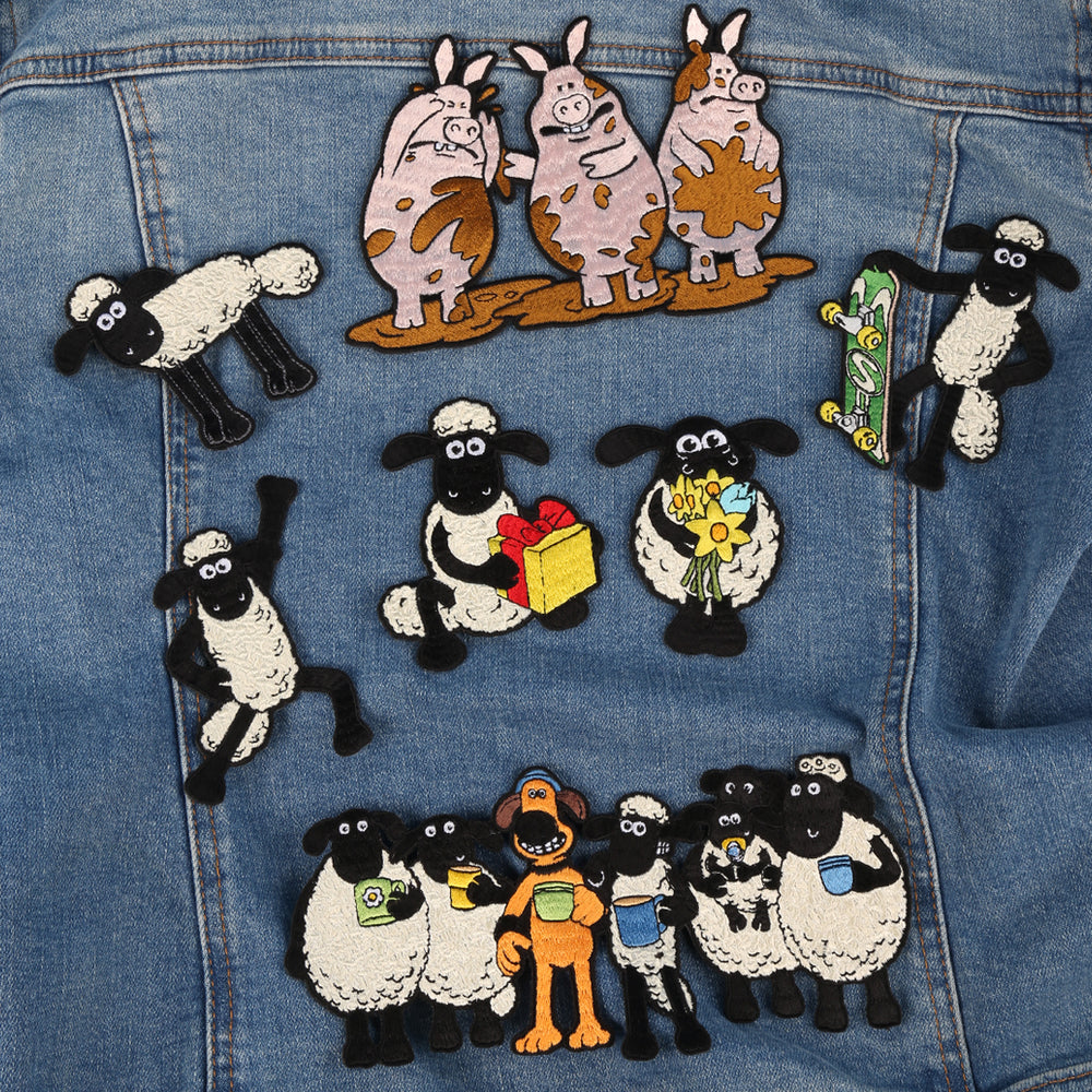 Sew on Shaun the sheep badges on a denim jacket. Features characters from the show including Shaun, Bitzer, the pigs and Timmy. 