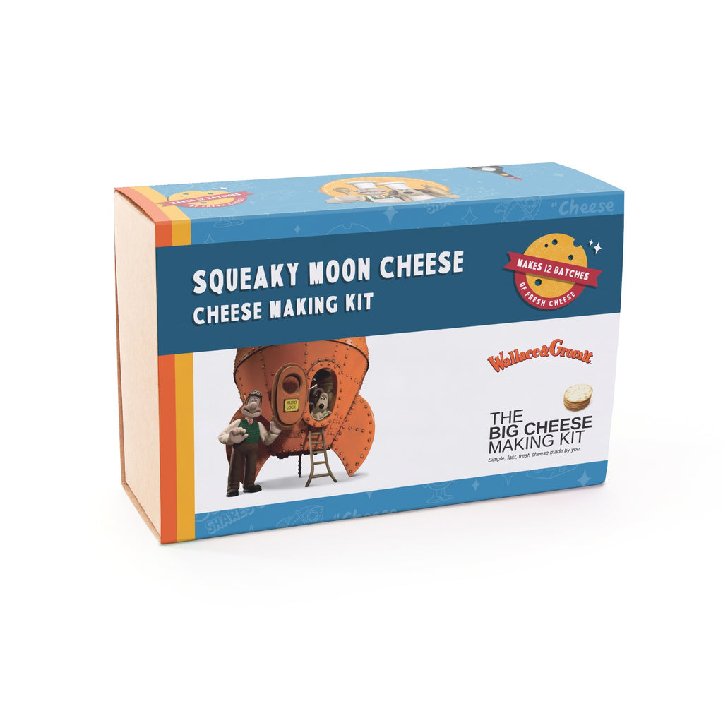 Squeaky Moon Cheese cheese making kit packaging on a white background featuring Wallace and Gromit and the moon rocket 