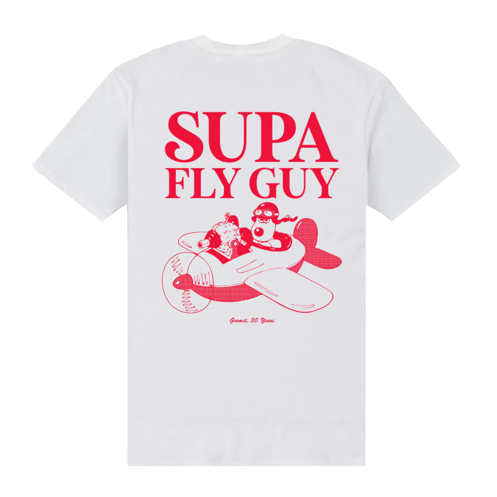 Supa Fly Guy, Gromit in his sidecar plane white t-shirt . Featuring the copy 'Supa Fly Guy' the Gromit design is printed on the chest and back.
