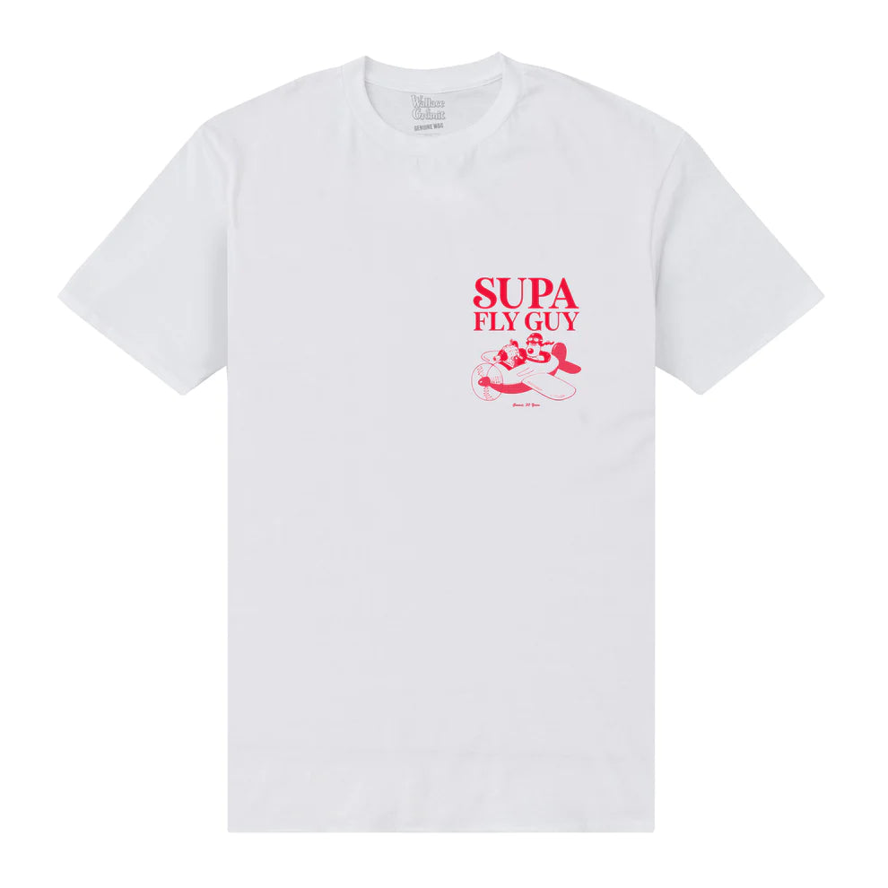 Supa Fly Guy, Gromit in his sidecar plane white t-shirt . Featuring the copy 'Supa Fly Guy' the Gromit design is printed on the chest and back.