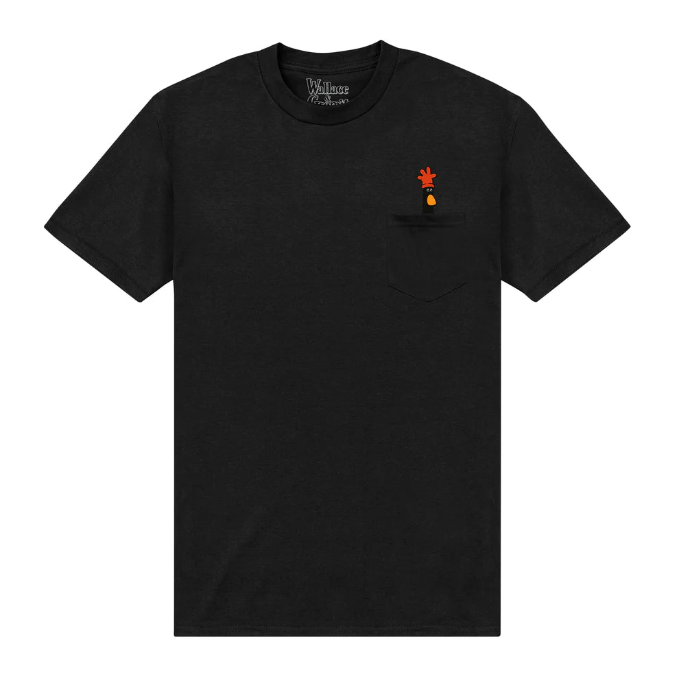 Black T-shirt featuring Feathers McGraw, the villainous penguin from Aardmans film 'Wallace & Gromit: The Wrong Trousers'. 