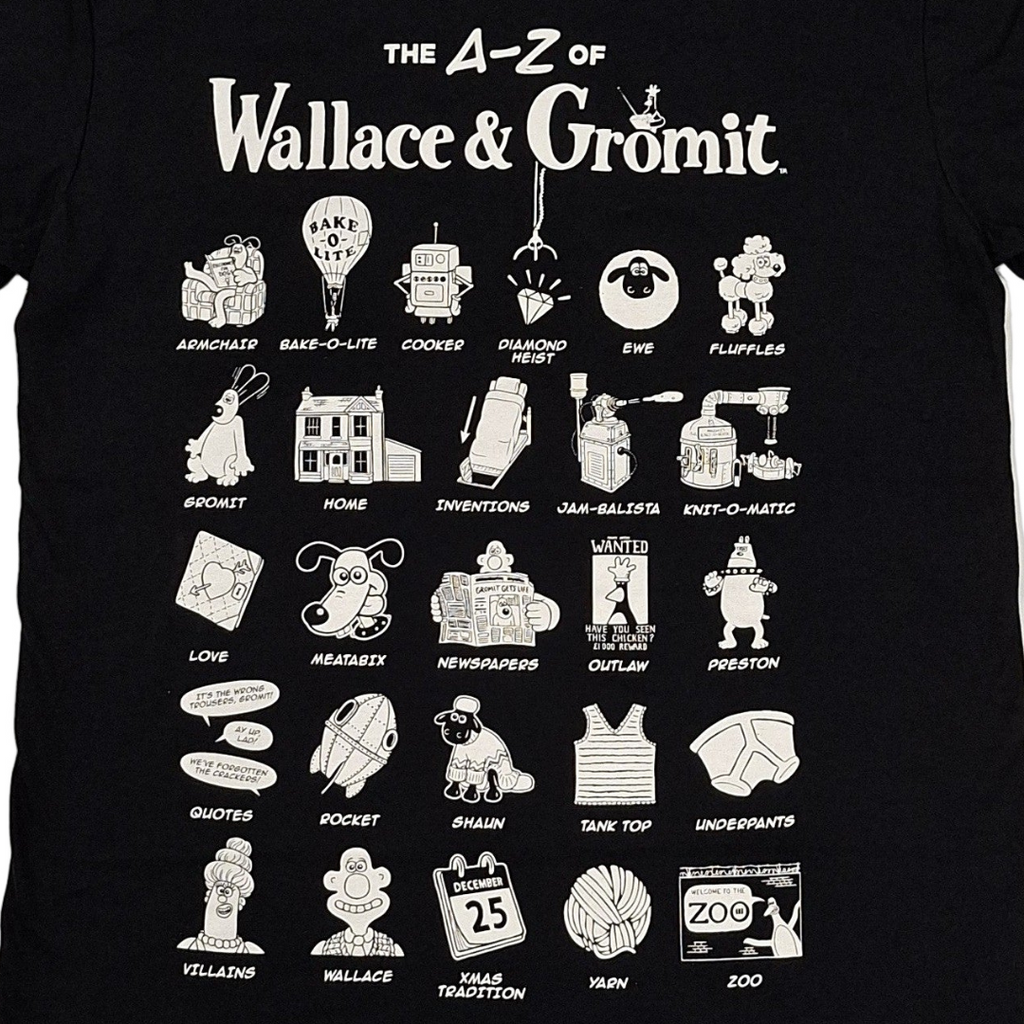 Black t-shirt with white graphics the A-Z of Wallace & Gromit on a white background