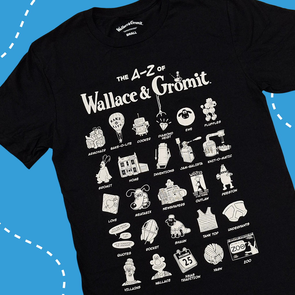 Black t-shirt with white a-z of Wallace and Gromit and text on a blue background