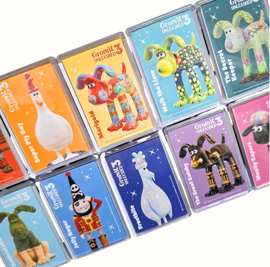 Collection of colourful magnets featuring sculptures from Gromit Unleashed 3 with Gromit Unleashed branding.