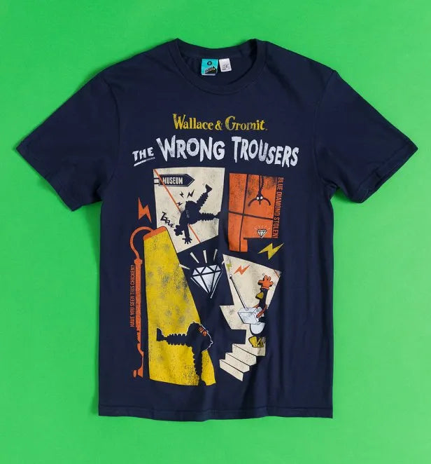 Navy Wallace & Gromit 'The Wrong Trousers' T-shirt. Features graphics which incude Feathers McGraw, a dimond and the techno trousers. 