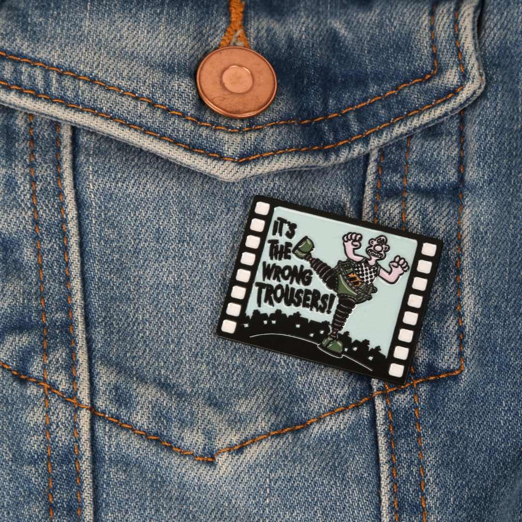 Wallace on an enamel magnet with It's The Wrong Trousers