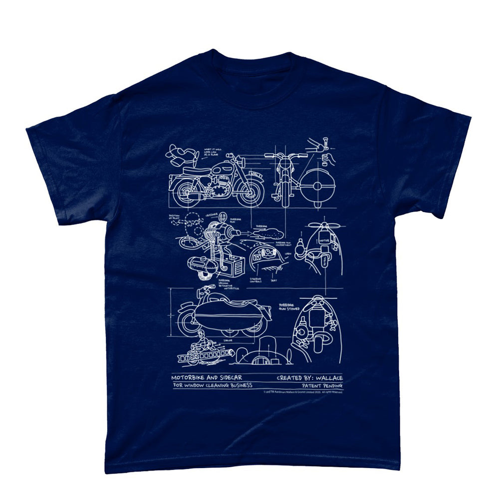 Wallace & Gromit Motorbike Blue Blueprint T-Shirt sidecar plane 